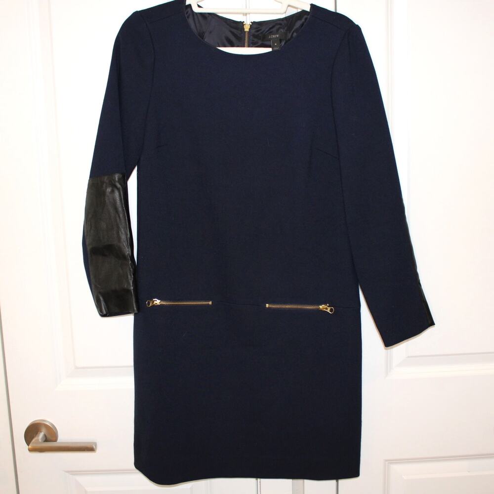 J.CREW Faux Leather Trim Navy Blue Black Zip Pocket Straight Dress | 4